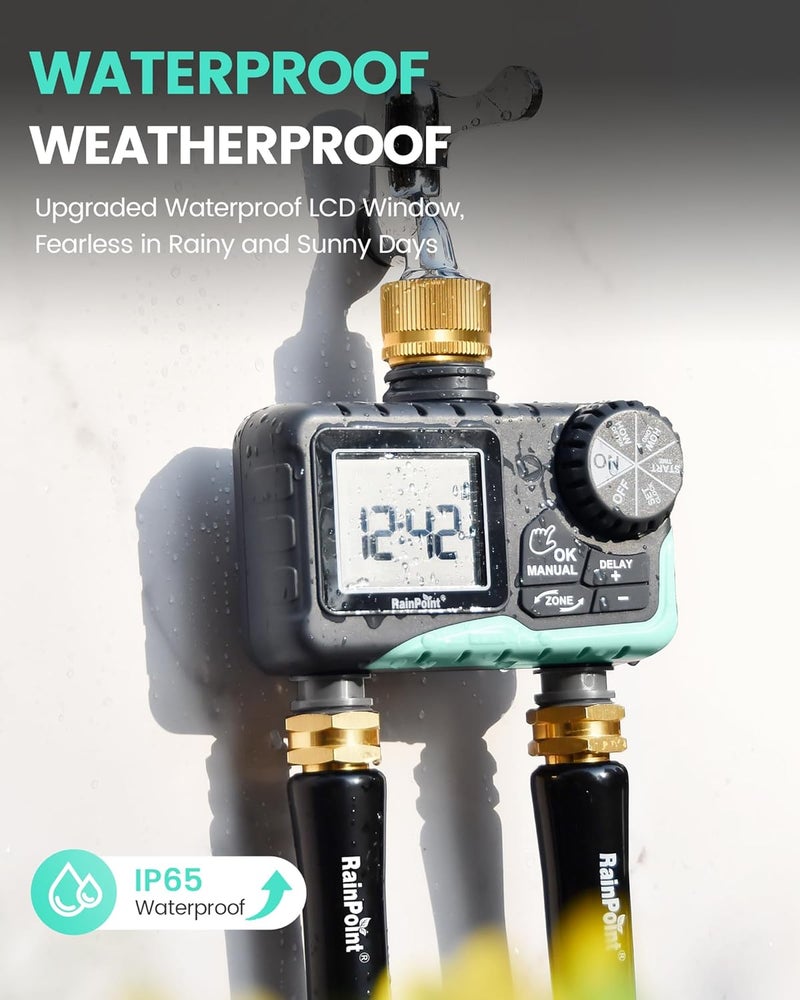 RAINPOINT Sprinkler Timer 2 Outlet, Water Timer for Garden Hose, for Yard Outdoor Watering, Rain Delay/Manual/Automatic System Controller Brass Inlet, V2 - Image 5